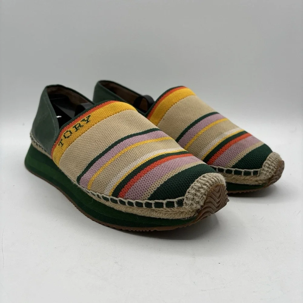 Tory‎ Burch Daisy Espadrille Slip On Sneakers Women's 10 M Knit Striped Green